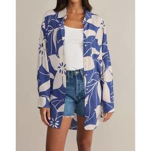 Z Supply Blue and White Floral Button Down Shirt